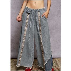 POL Floral Embroidered Striped Denim Jean Wide leg Pants